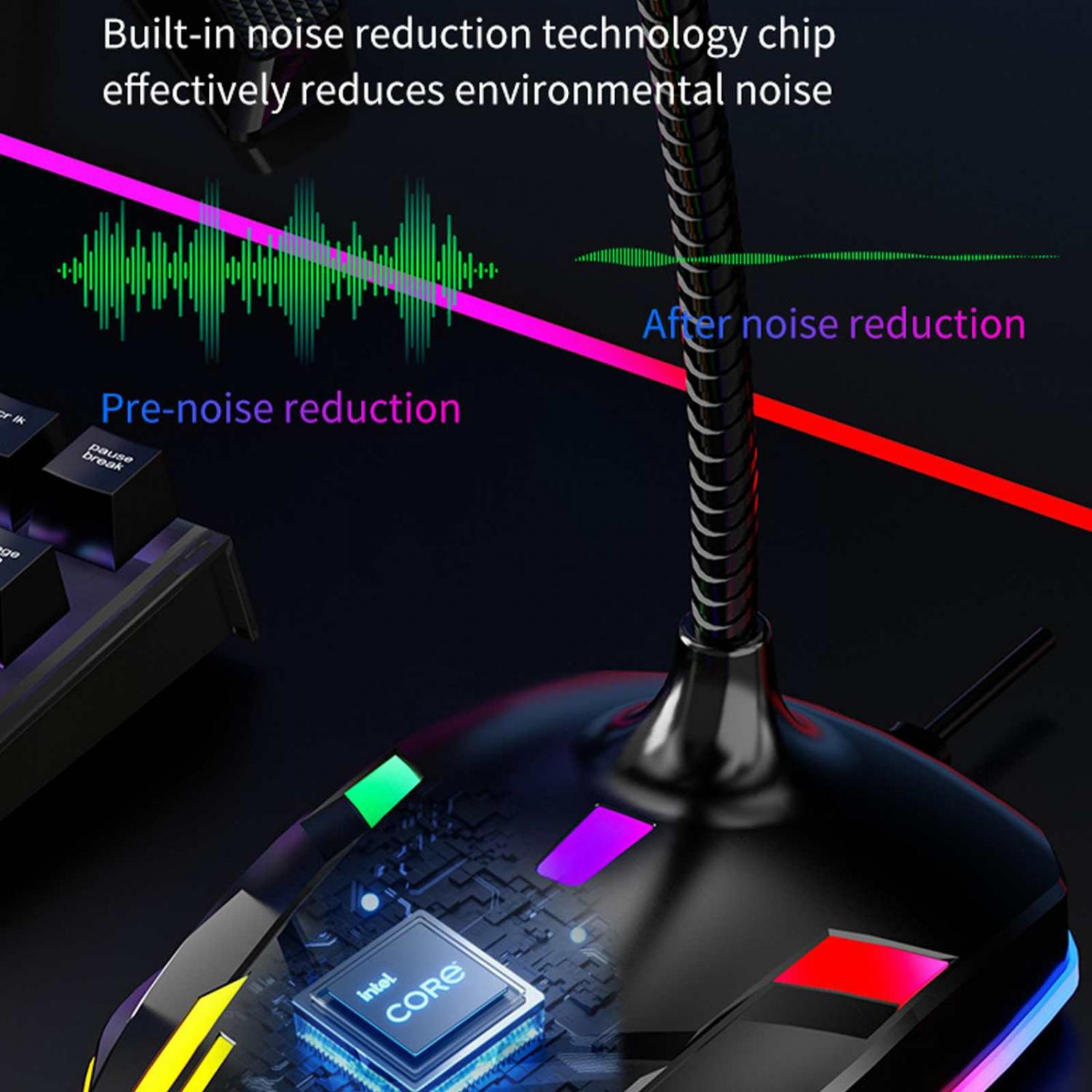 Ein Mikrofon mit Intel Core Chip zeigt Lärmreduzierung.