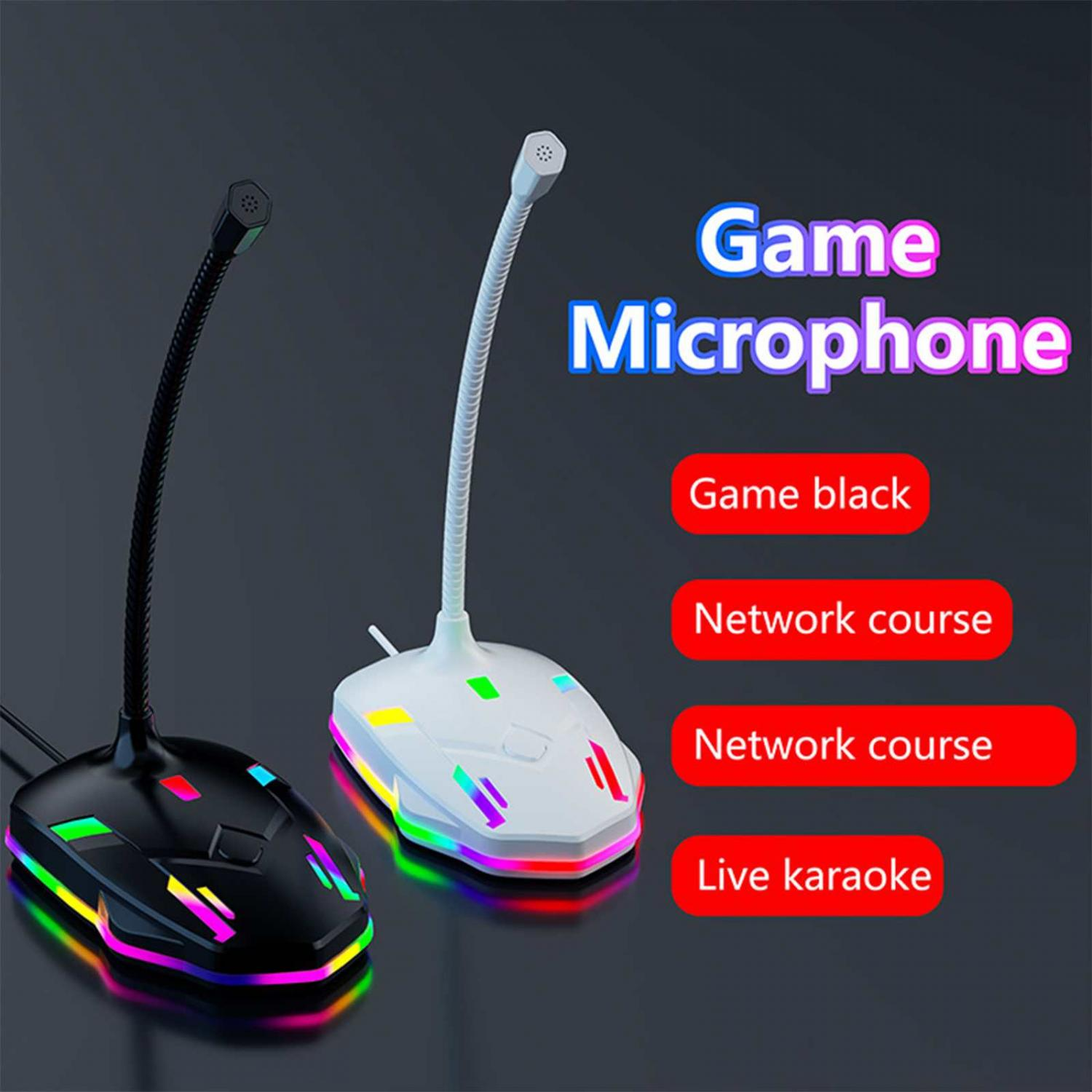 Zwei Gaming-Mikrofone, schwarz und weiß, mit RGB-Beleuchtung. Text: Game Microphone.