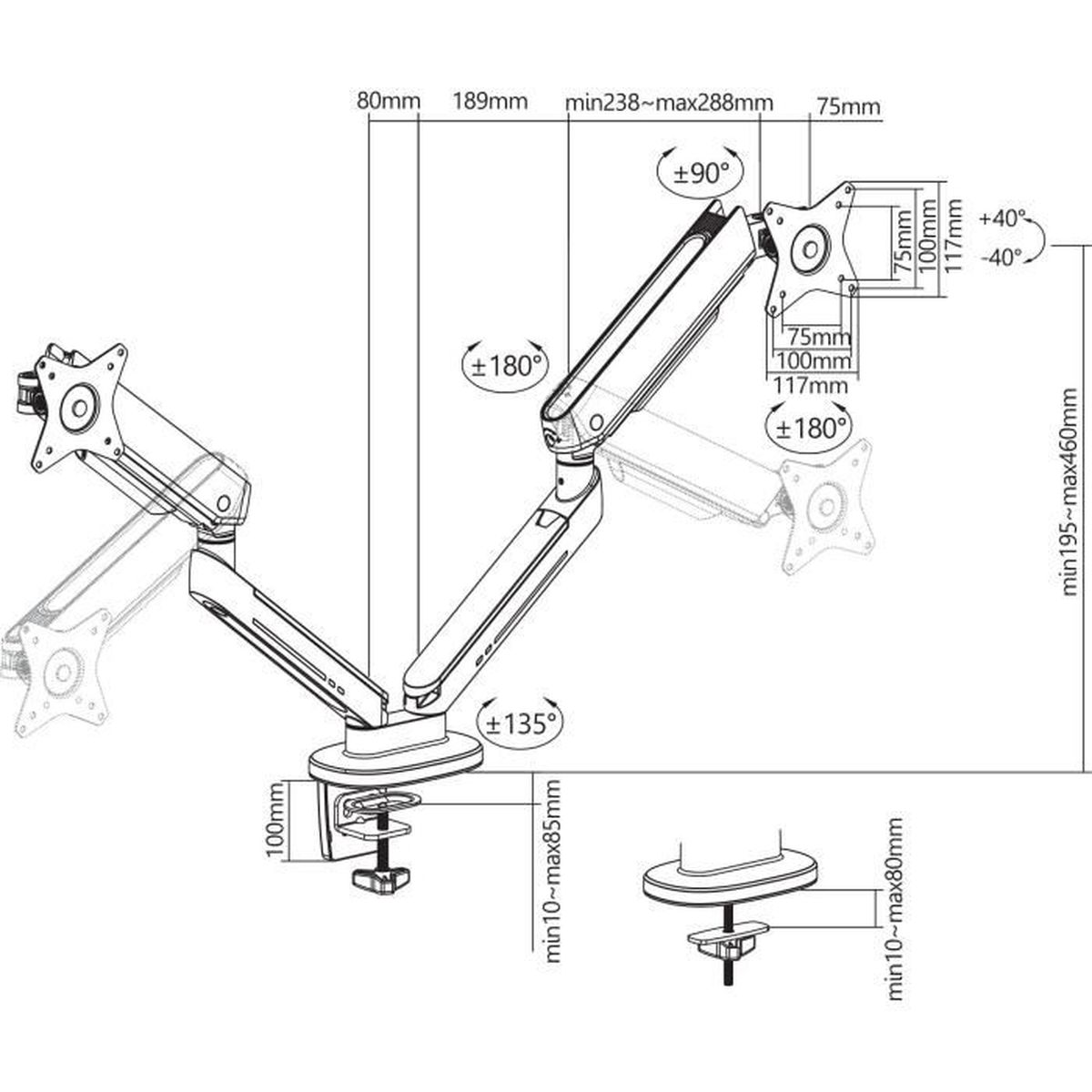 Disegno tecnico di un braccio doppio per monitor con dimensioni e angoli.
