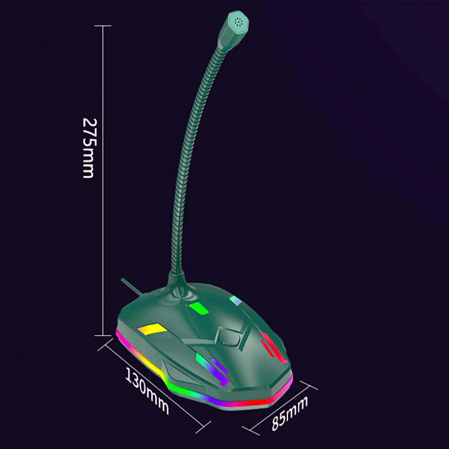 Grünes Mikrofon mit flexiblen Hals und RGB-Beleuchtung. Maße: 275mm H, 130mm B, 85mm T.