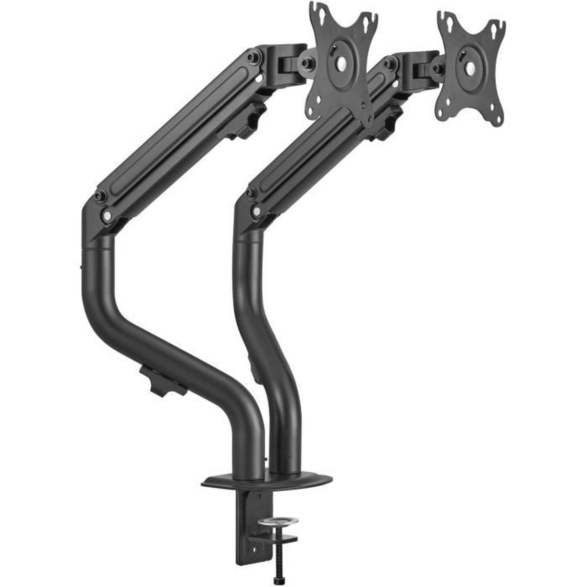 Supporto doppio per monitor nero con base a morsetto, regolabile.