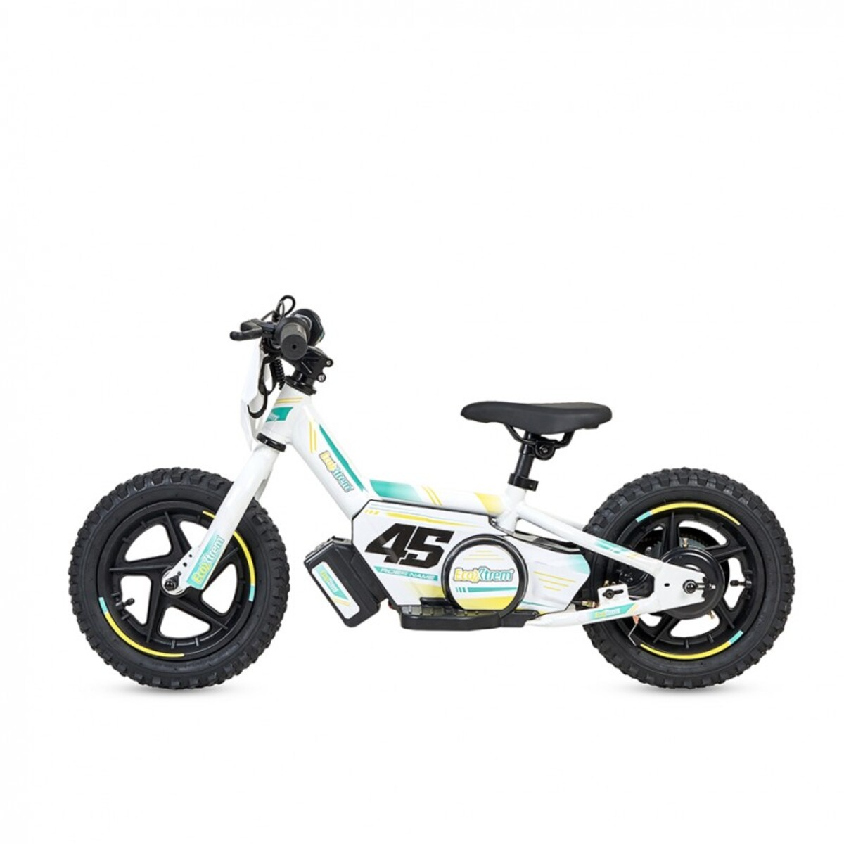 Una bicicleta eléctrica infantil blanca con el número 45, ruedas negras y detalles amarillos.