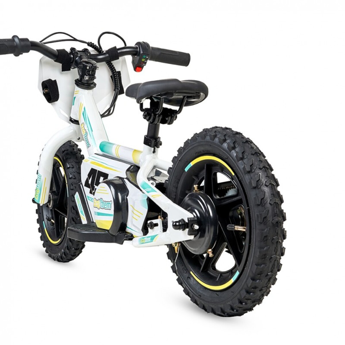 Una bicicleta eléctrica blanca para niños con neumáticos negros y detalles amarillos.