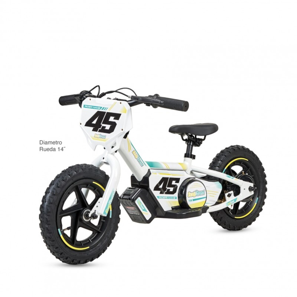 Una bicicleta eléctrica infantil blanca con el número 45 delante y batería.