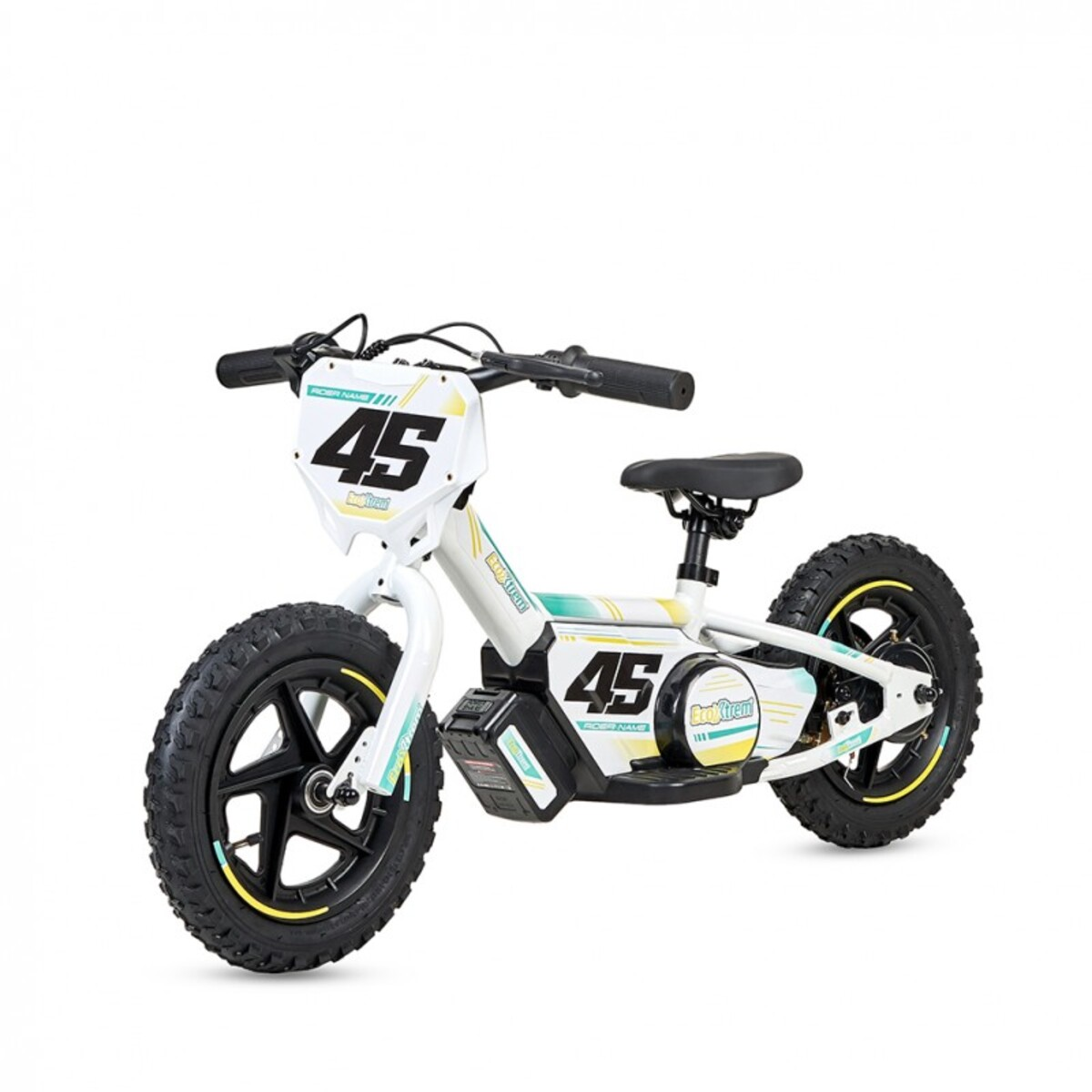 Una bicicleta eléctrica infantil blanca con el número 45 y detalles amarillos.