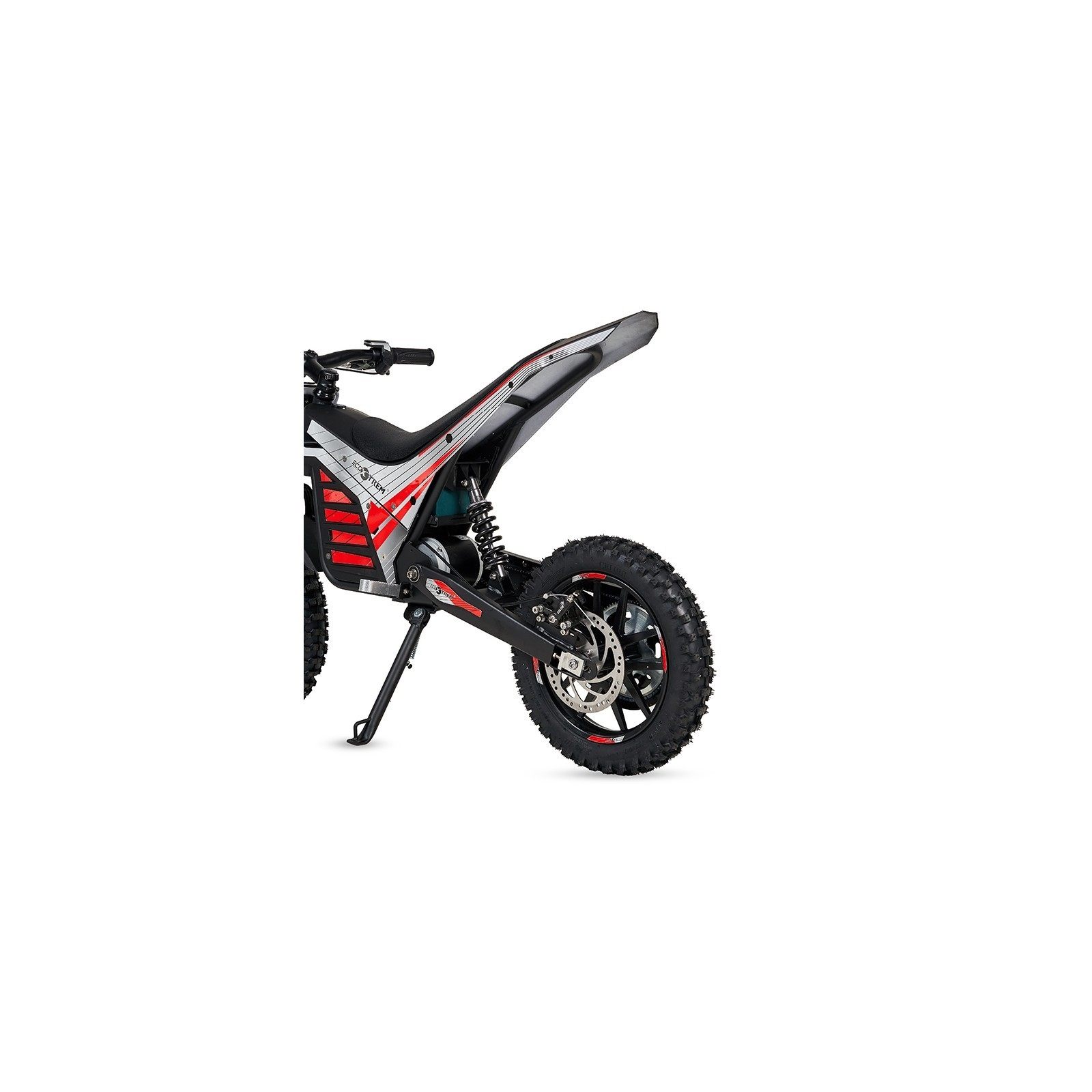 Vista trasera de una motocicleta eléctrica negra con detalles rojos y neumático ancho.