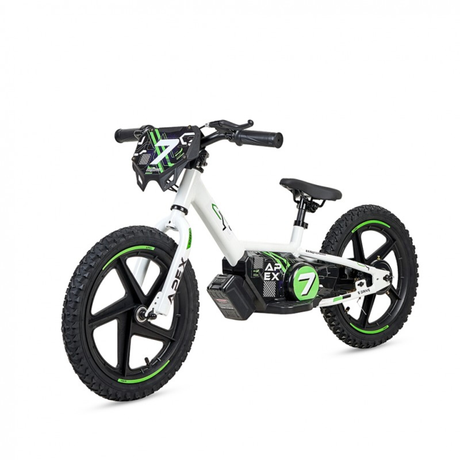 Una bicicleta eléctrica blanca con detalles verdes y el número 7 en su placa frontal.