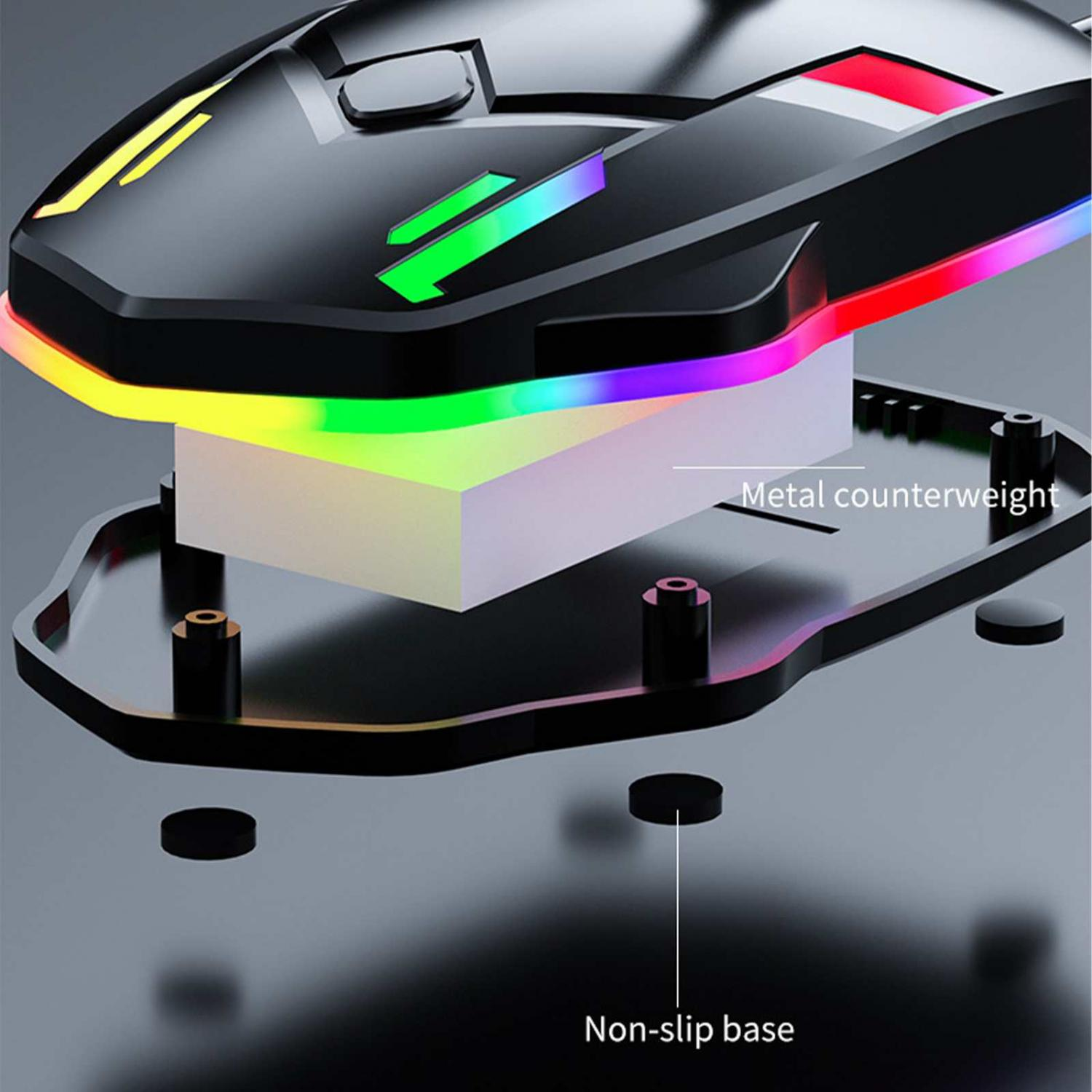 Schwarze Gaming-Maus mit RGB-Beleuchtung und freiliegendem Metallgewicht.