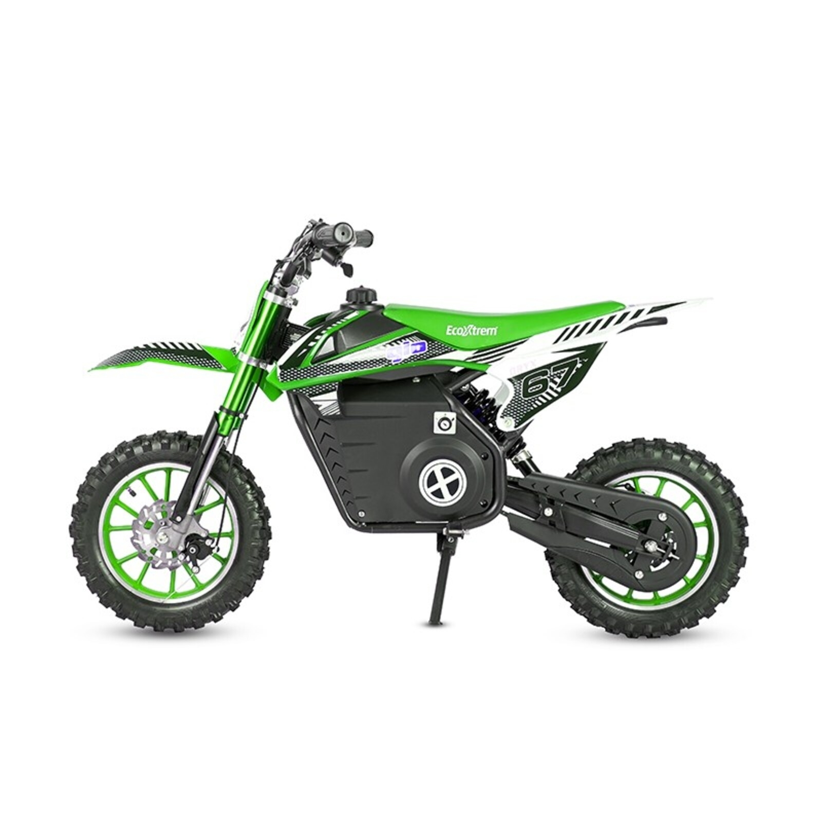Una moto de cross eléctrica verde con marco negro y asiento blanco.