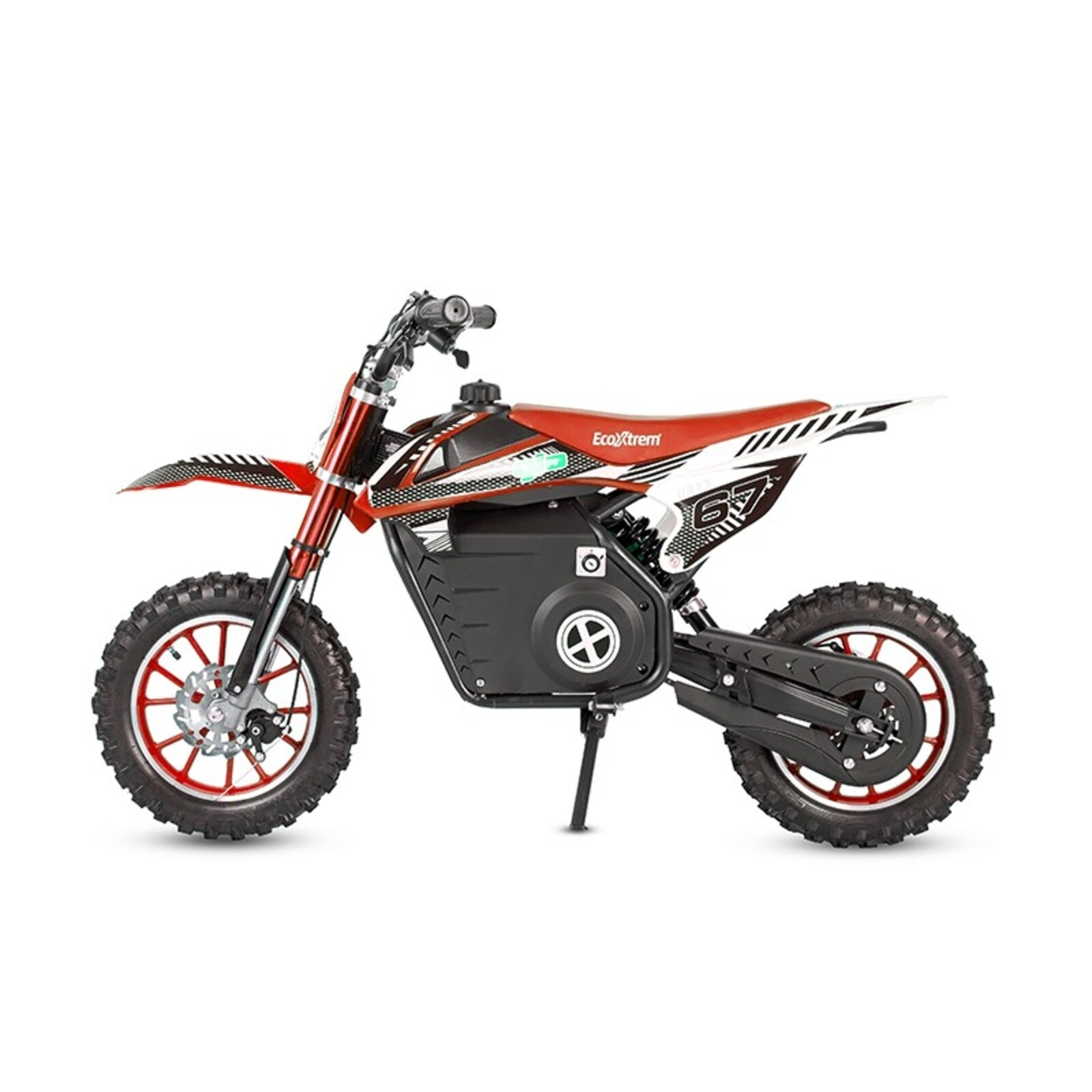 Moto de cross eléctrica roja con detalles negros y el número 67.