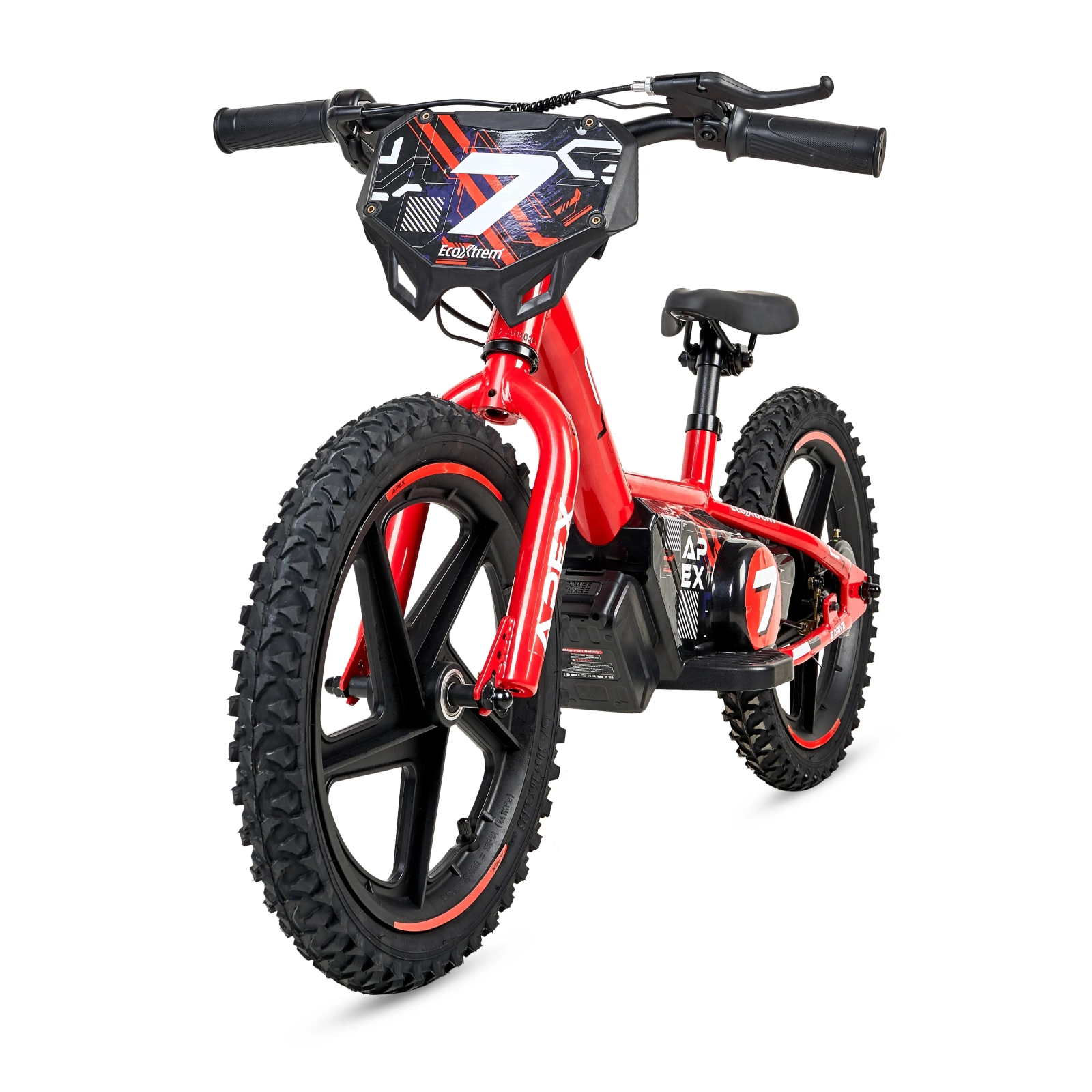 Una bicicleta eléctrica roja con ruedas negras y batería.