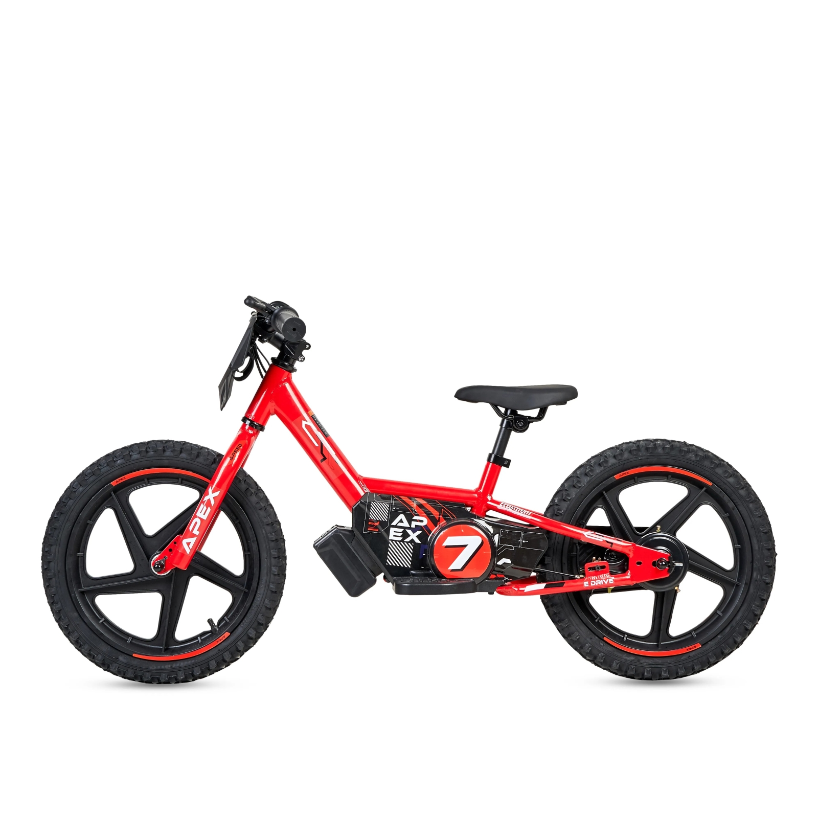 Una bicicleta eléctrica roja con ruedas negras y el número 7.
