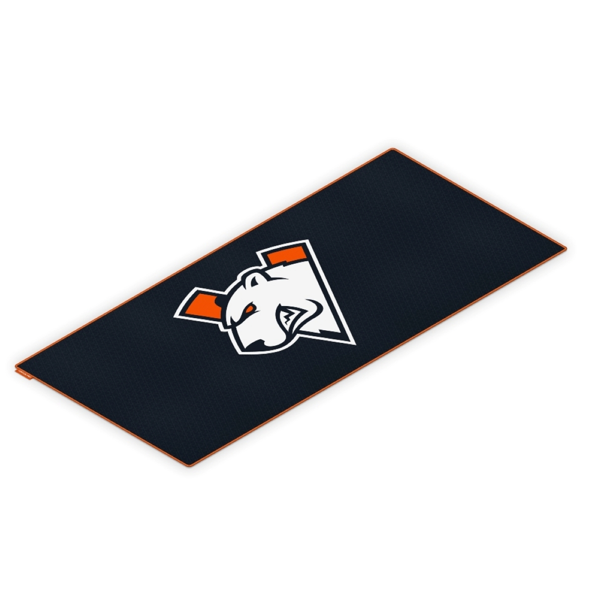 Panno blu scuro con logo di orso bianco e bordo arancione.