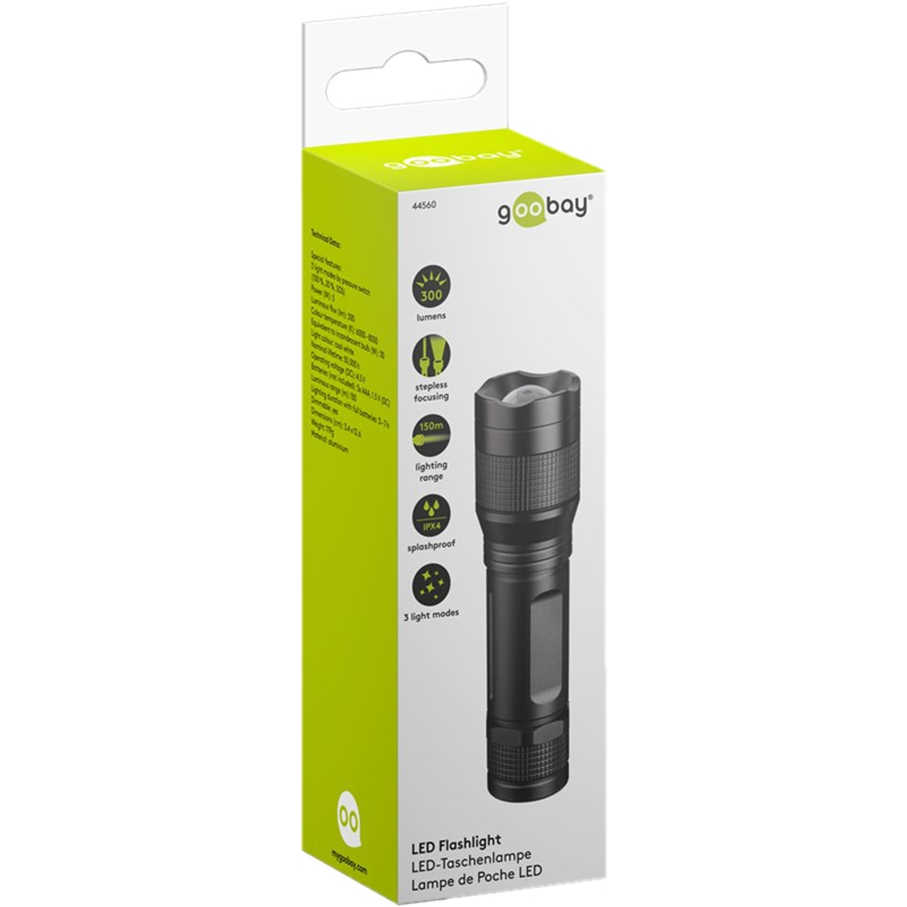Opakowanie czarnej latarki LED Goobay ze specyfikacjami technicznymi.
