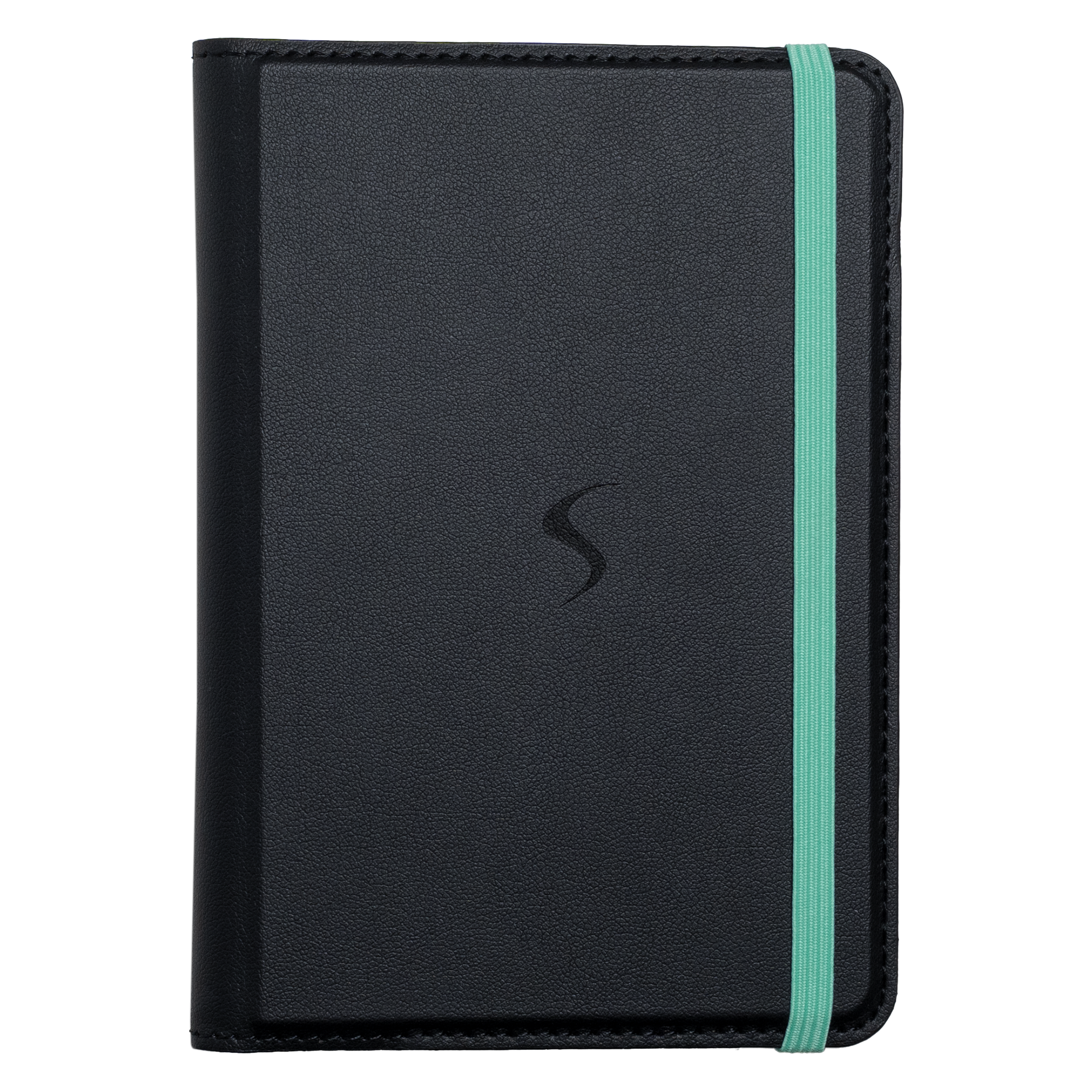 Schwarzes Notizbuch mit S-Logo und türkisem Gummiband.