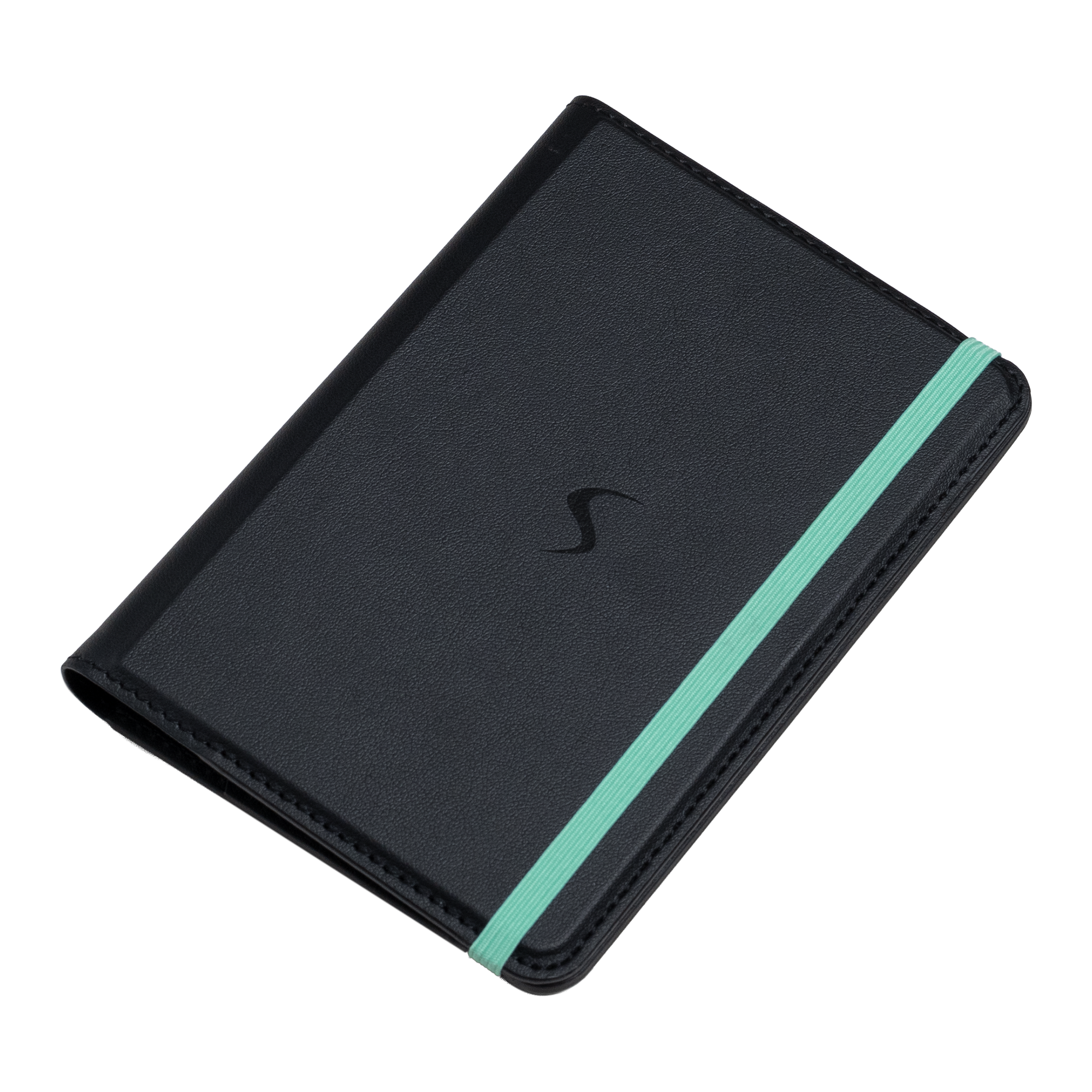 Schwarzes Notizbuch mit türkisfarbenem Gummiband und Logo.