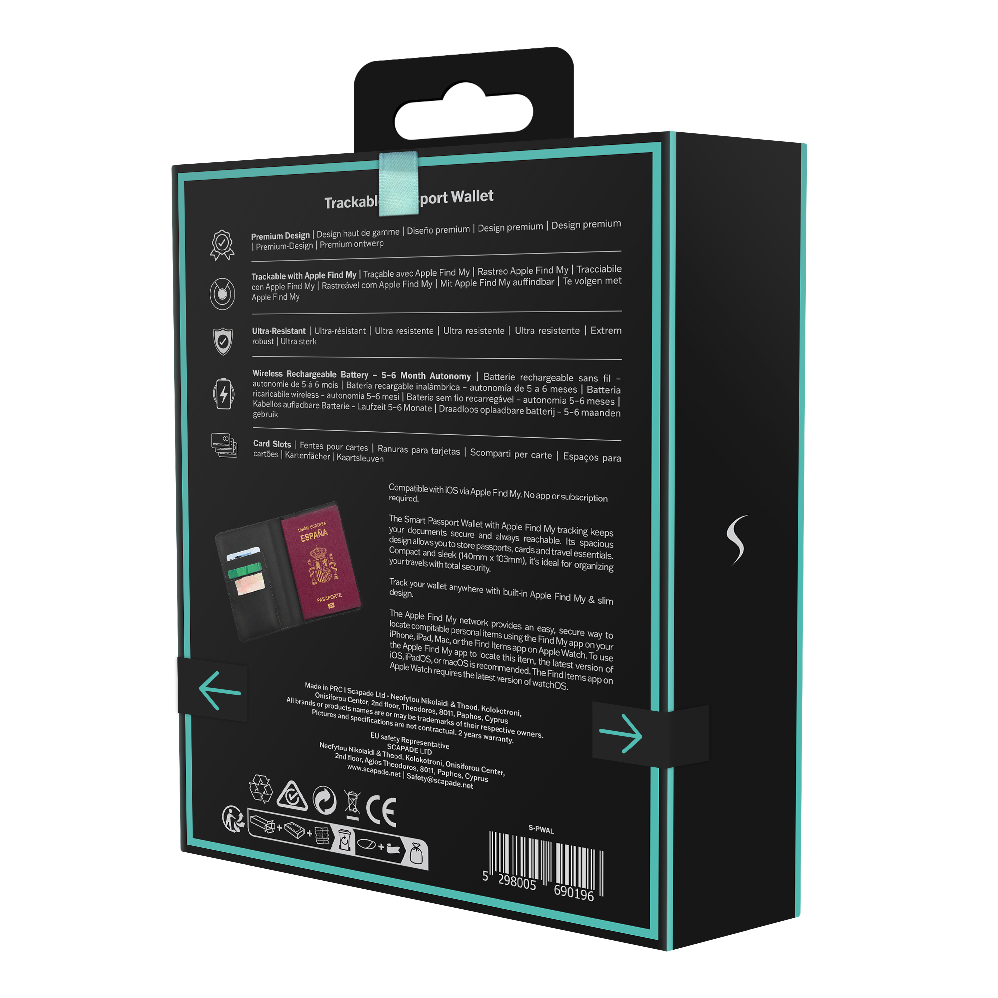 Schwarze Verpackung mit dunkelblauem Rand; zeigt Reisepass & Karten.