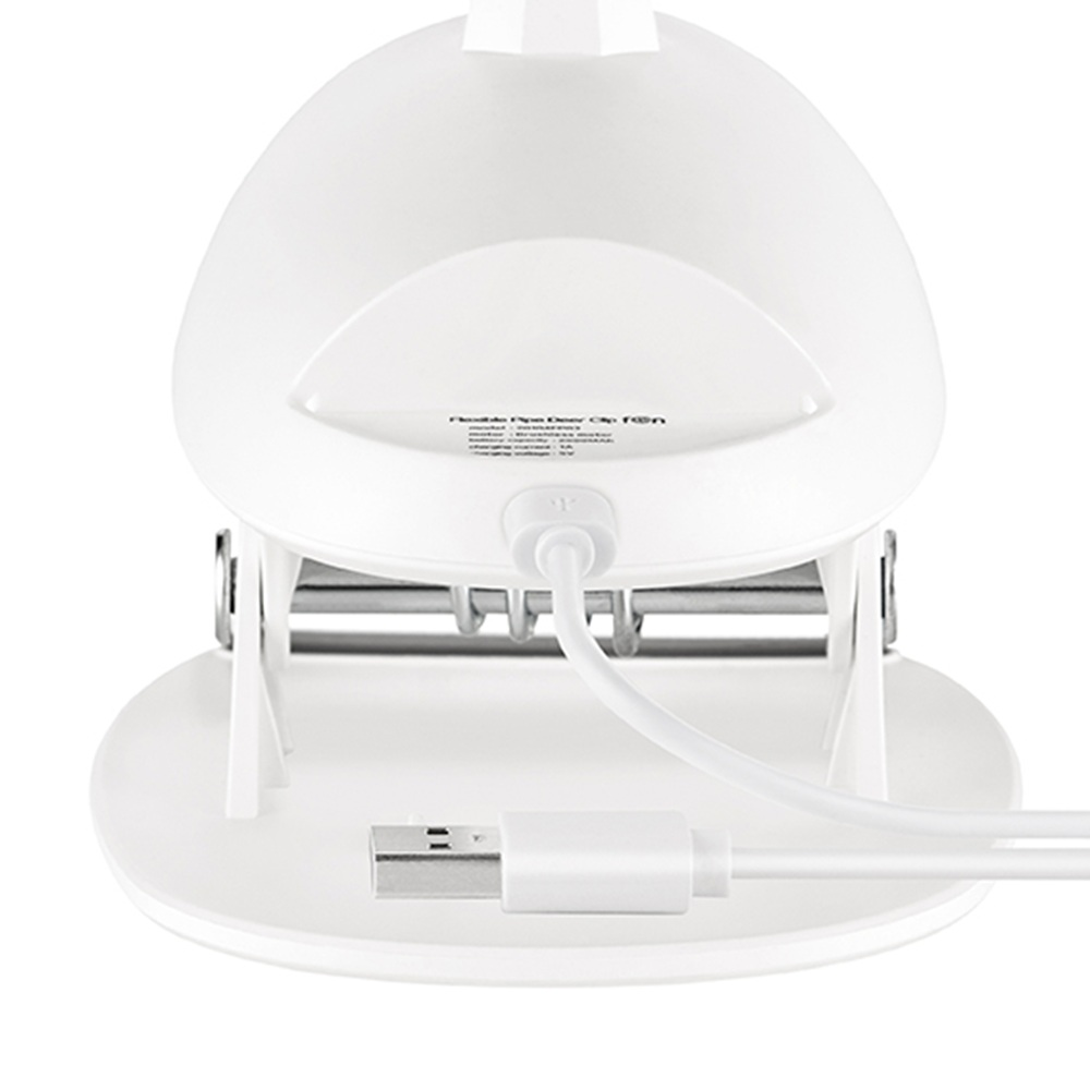 Biała lampa biurkowa z portem USB i kablem.