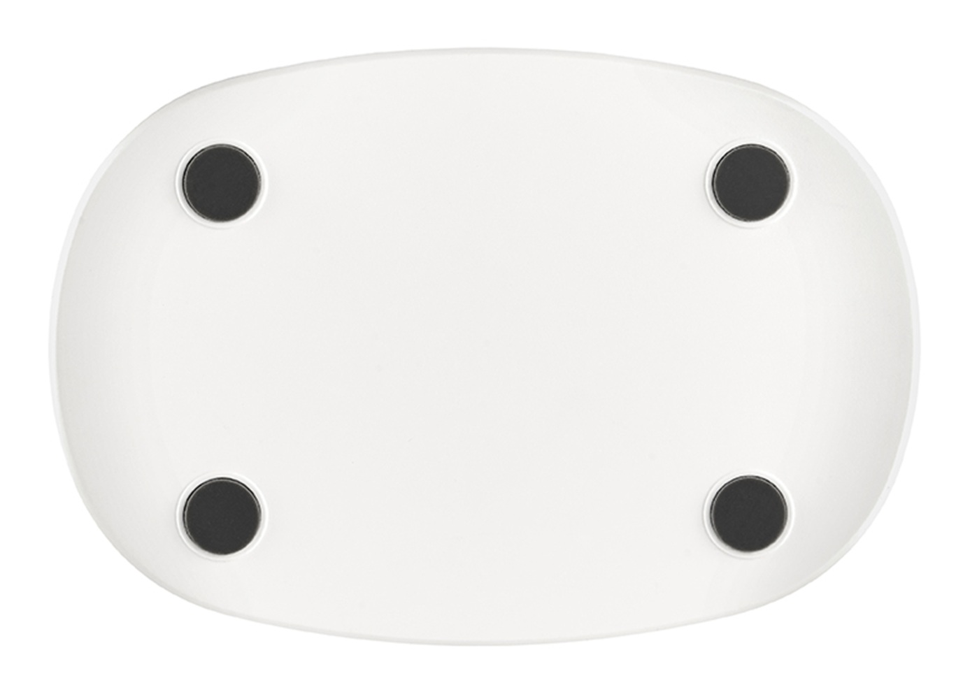 Biały owalny blat z czterema czarnymi okrągłymi stopkami w rogach.