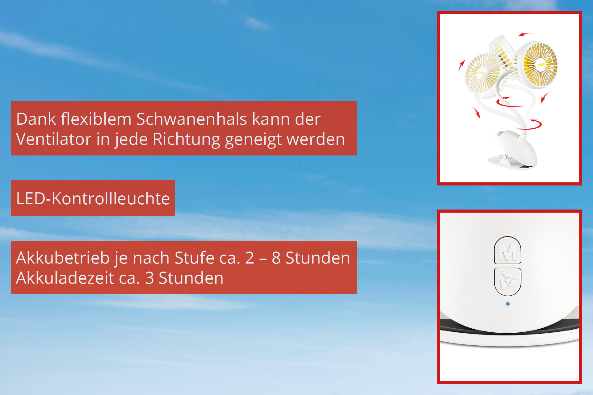 Flexibler Ventilator mit LED, Akkubetrieb und Ladeanzeige.