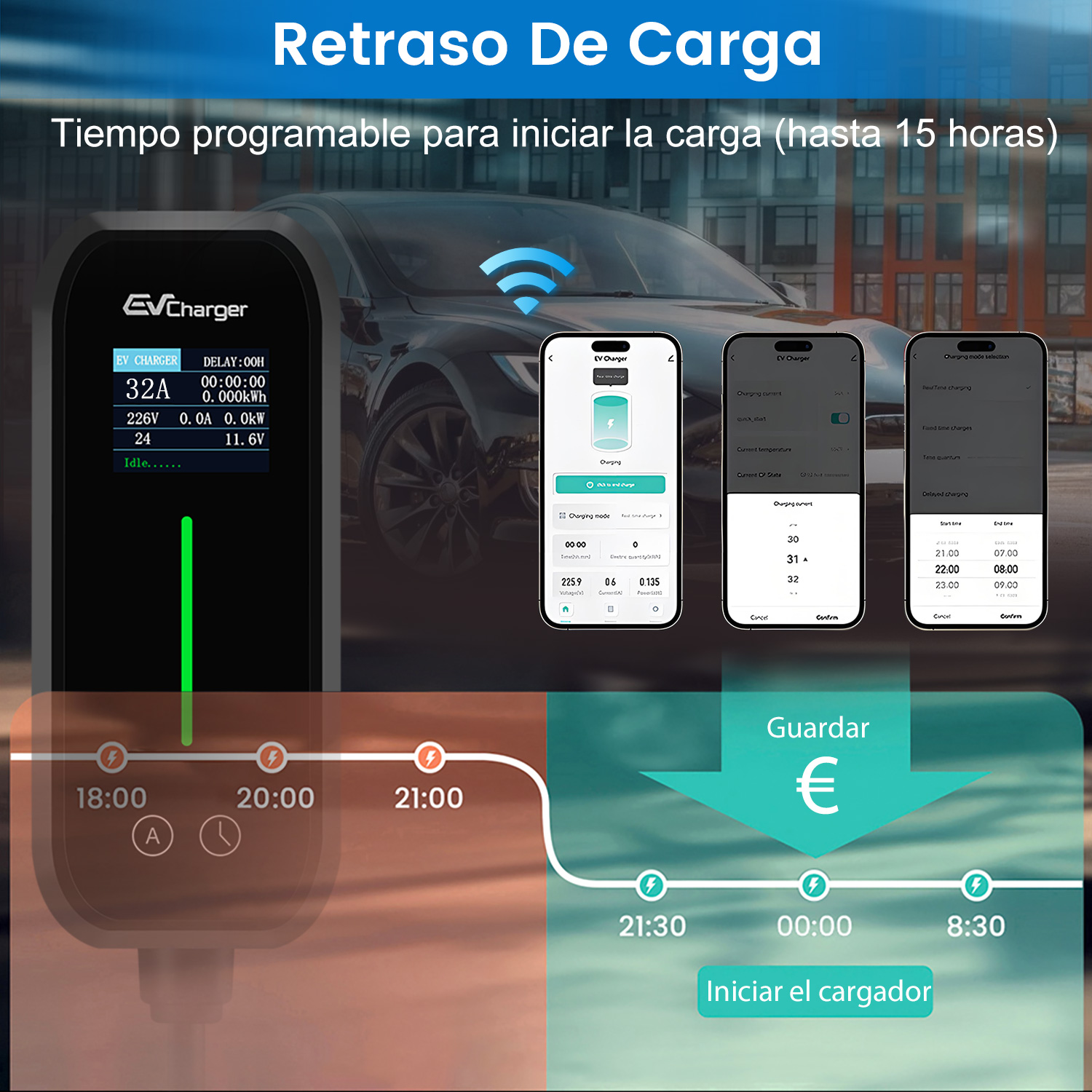 Cargador de VE con opciones de programación, pantallas de teléfono muestran carga y programación.