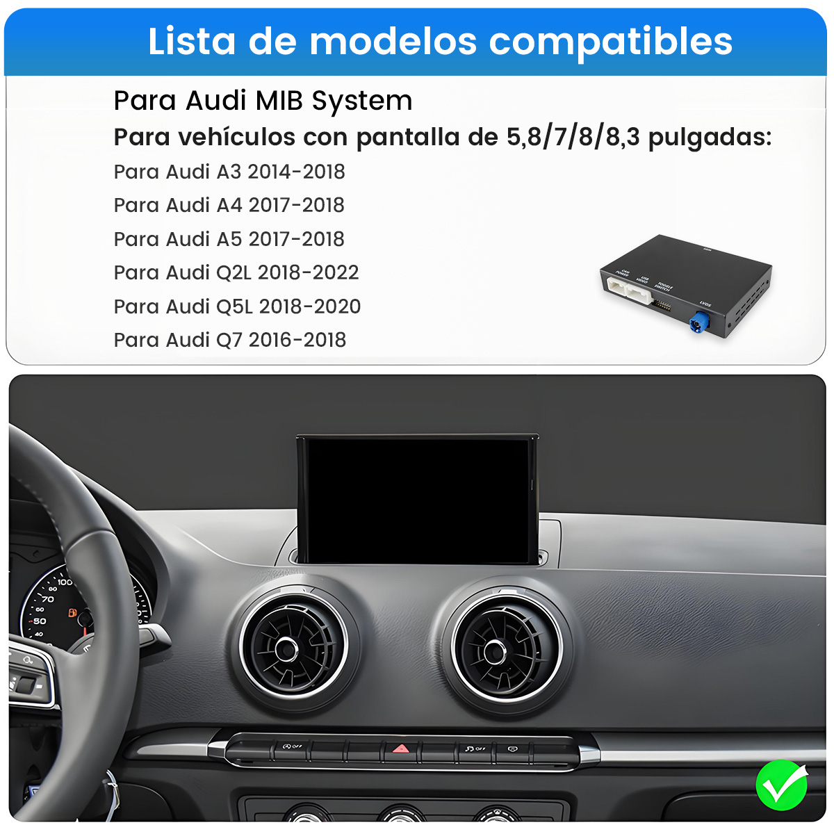 Lista de modelos compatibles para el sistema Audi MIB y interior de coche.