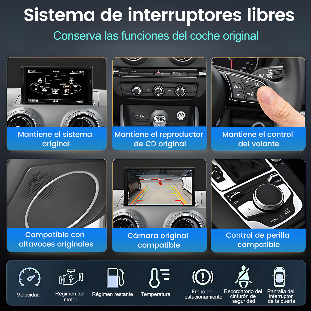 Infografía sobre un sistema de actualización de radio de coche que mantiene funciones originales.