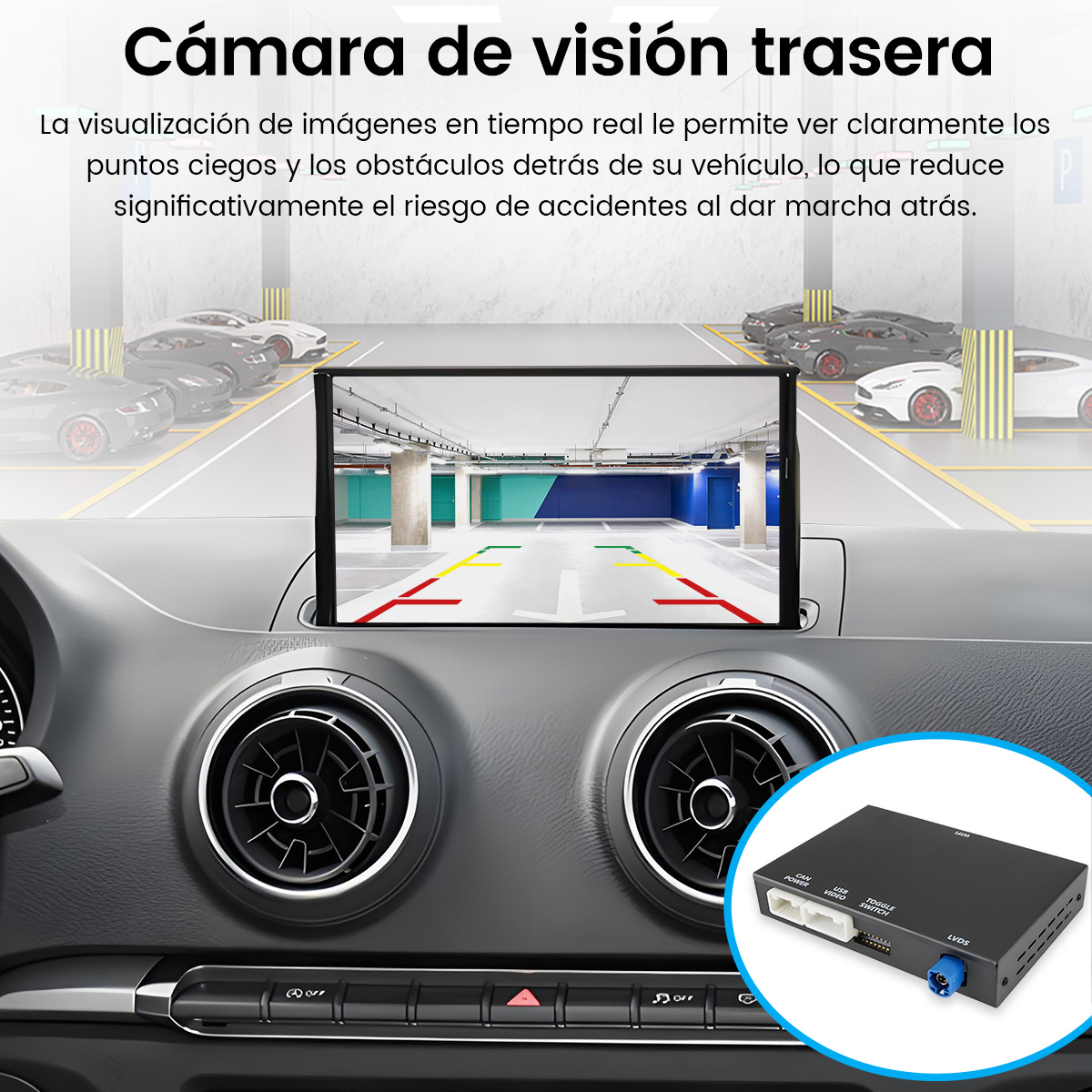 Interior del coche con pantalla de cámara trasera y unidad de control.