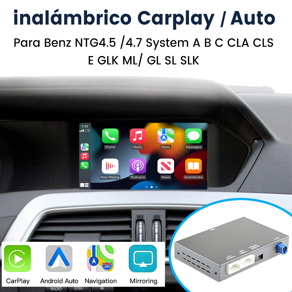 Pantalla de coche con interfaz CarPlay, iconos y módulo de conexión, para Benz.