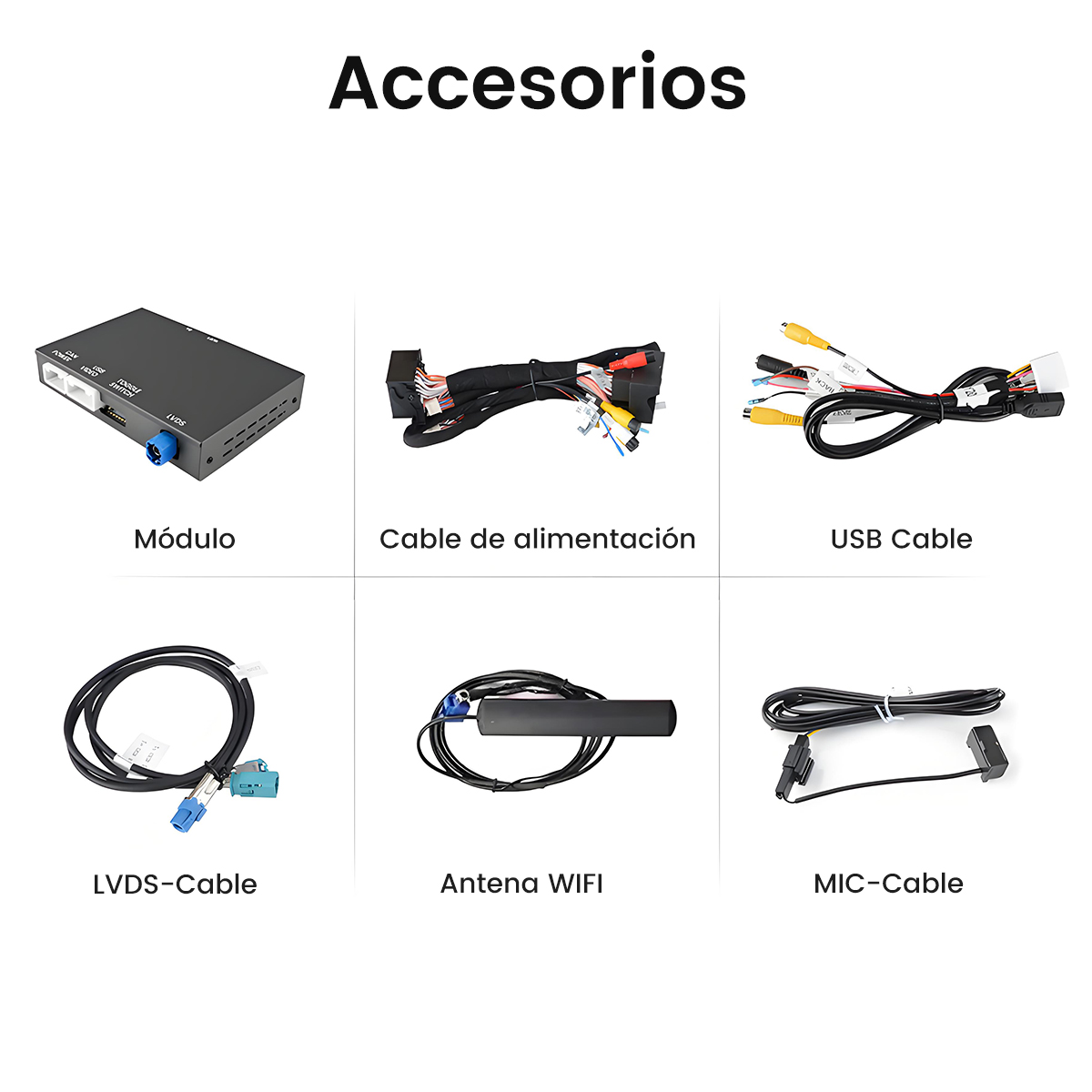 Sześć akcesoriów samochodowych: moduł, kabel zasilający, USB, LVDS, antena WiFi.
