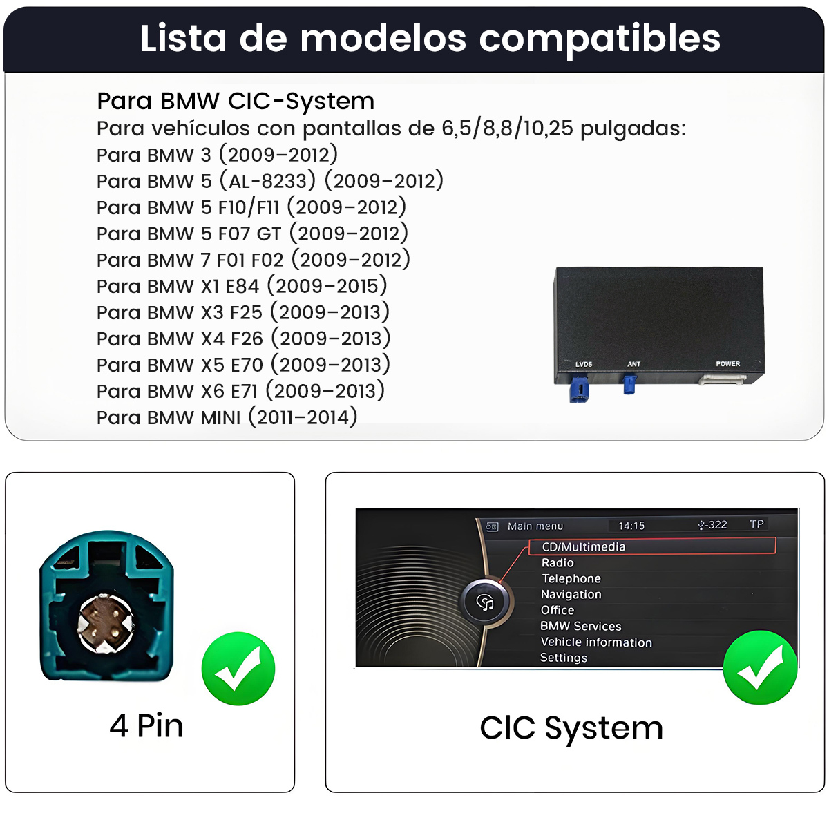 Lista de sistemas BMW CIC compatibles con conector de 4 pines.