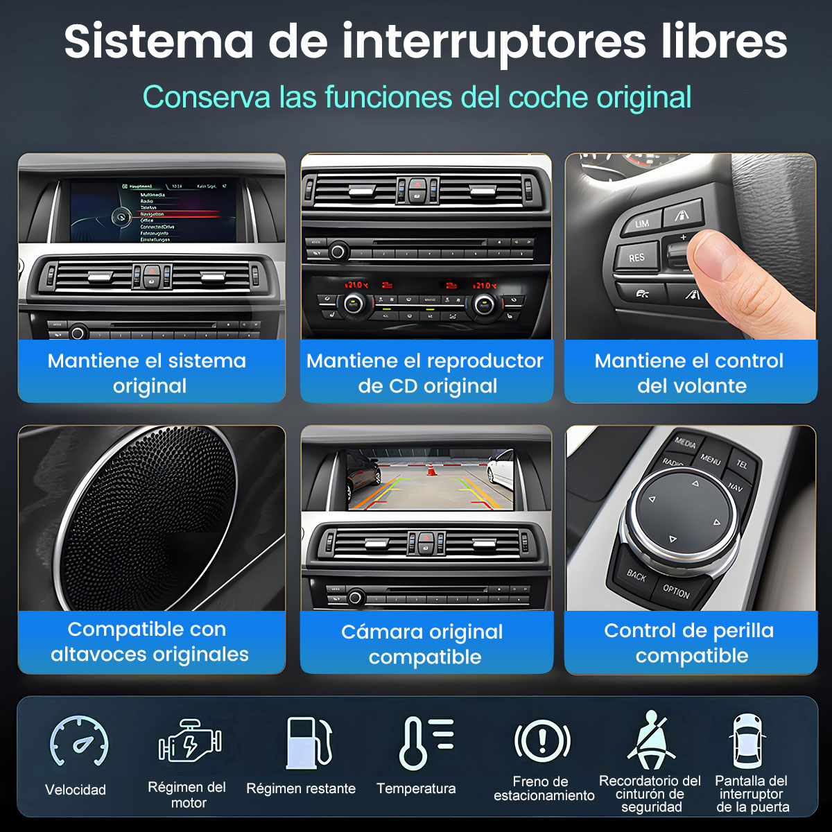 Seis imágenes muestran funciones del interior del coche: infoentretenimiento, CD, volante, altavoz, cámara trasera, control giratorio.
