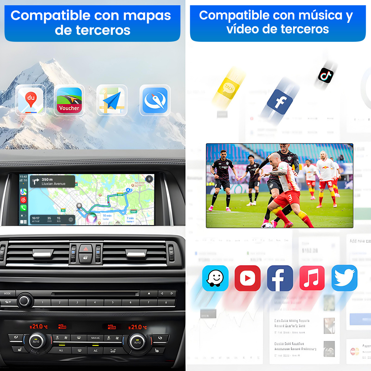 Sistema de infoentretenimiento del coche con mapas, música, vídeo y apps.