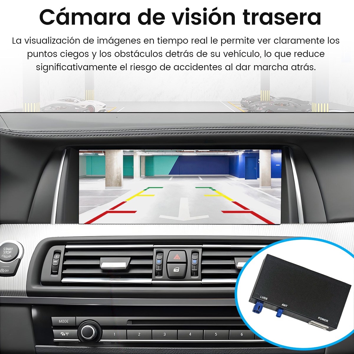 Pantalla de cámara de reversa de auto con líneas de estacionamiento y caja.
