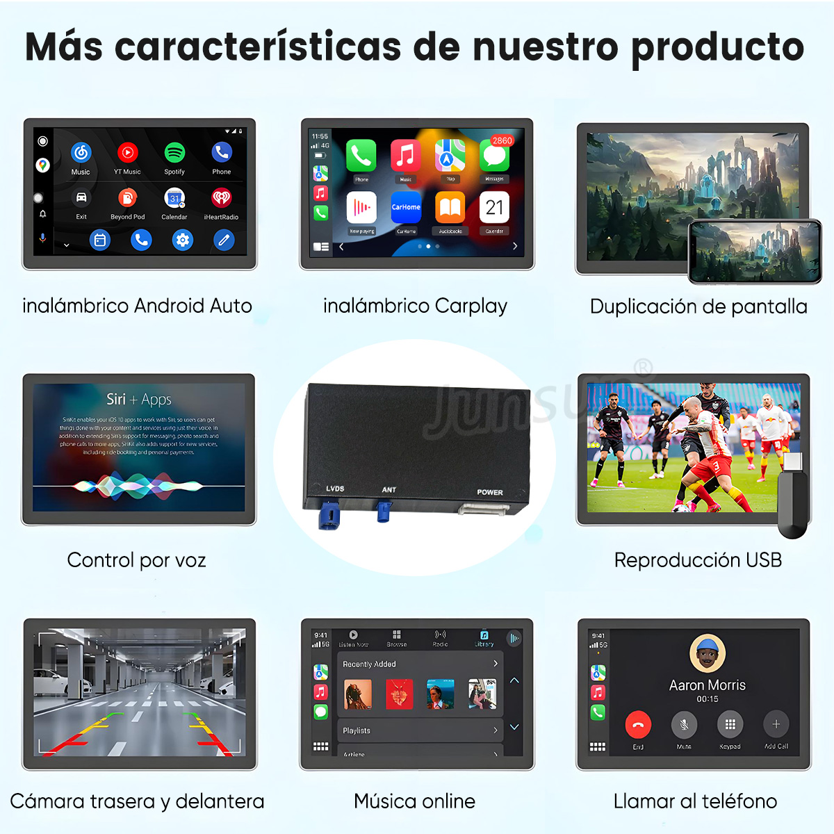 Características del producto: Android Auto, CarPlay, Duplicación de pantalla, Control por voz, Reproducción USB, Música, Llamadas.