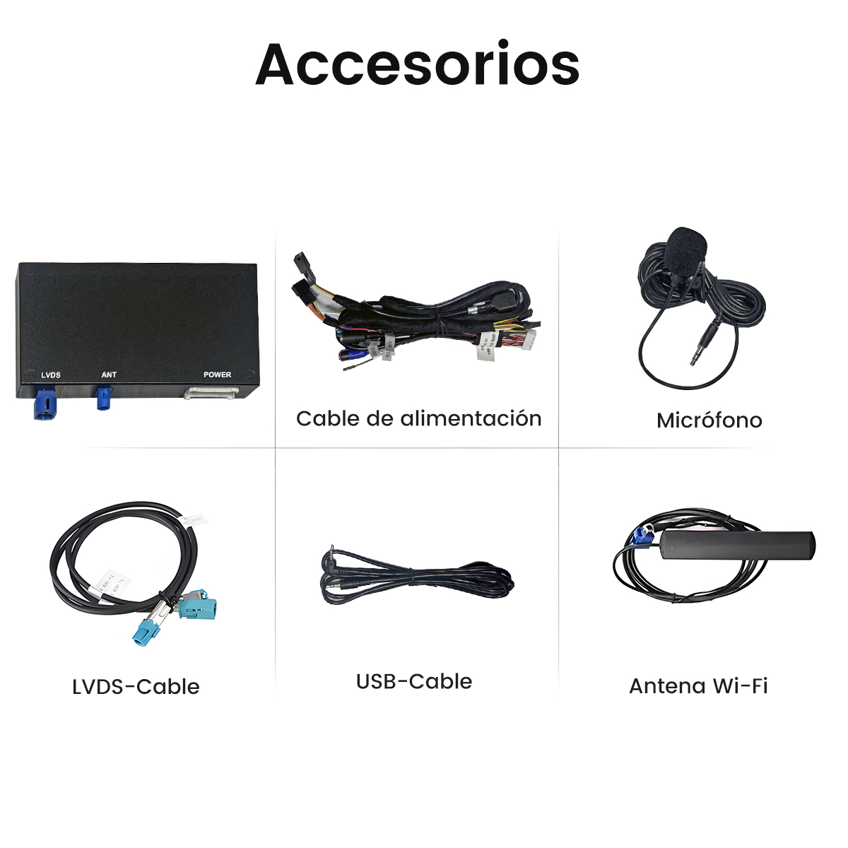 Caja negra, cables, micrófono, cable USB, antena Wi-Fi.