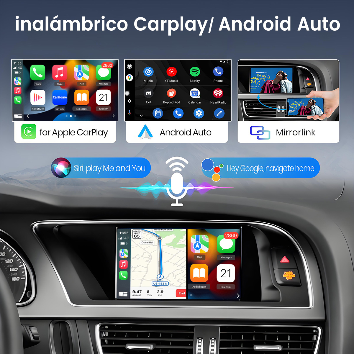 La imagen muestra un sistema de infoentretenimiento de coche con Carplay, Android Auto, Mirrorlink.