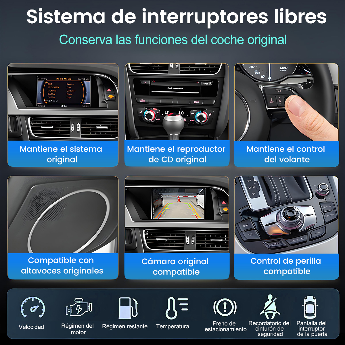 Seis imágenes muestran sistemas de infoentretenimiento del coche: radio, CD, volante, altavoces, cámara, mando.