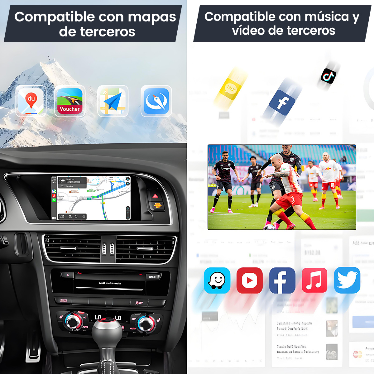 Imagen muestra sistema infoentretenimiento coche con app navegación e iconos redes.