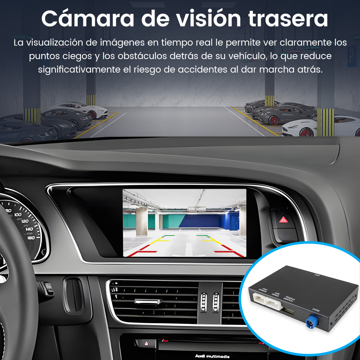 Interior de un coche mostrando una cámara trasera de una garage.