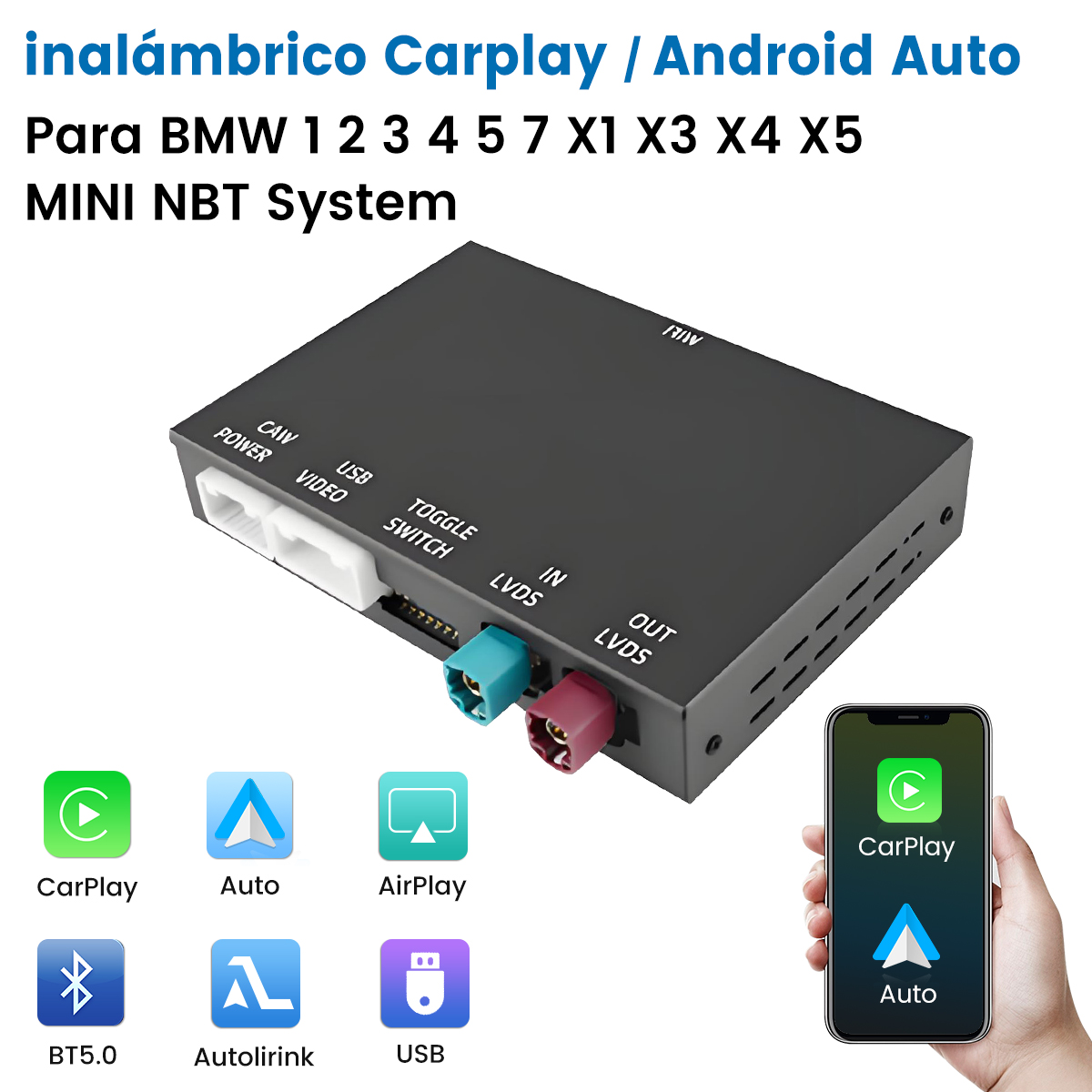 Un módulo Carplay/Android Auto negro para BMW y Mini NBT, con puertos e iconos.