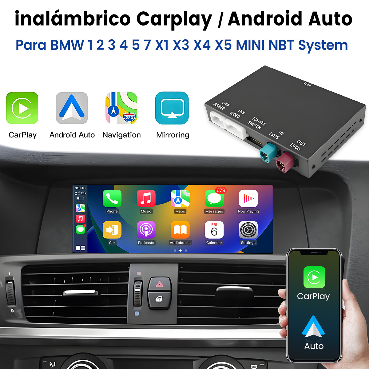 Un sistema de infoentretenimiento para coche muestra CarPlay y Android Auto en pantalla. Se muestra un módulo al lado.