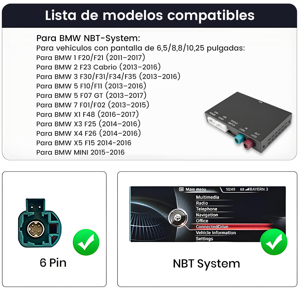 Lista de modelos compatibles para sistemas BMW NBT, mostrando conector y pantalla de infoentretenimiento.