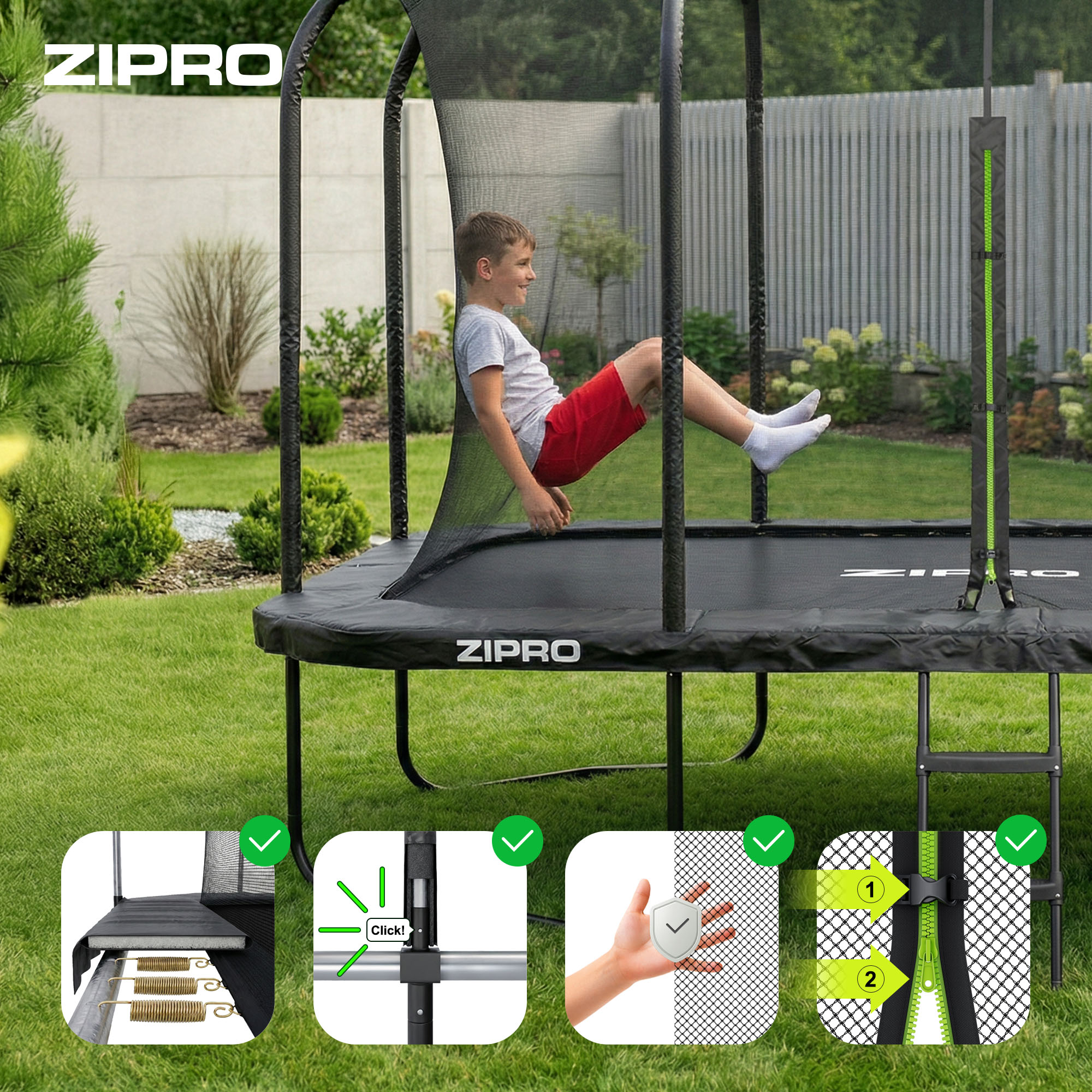 Ein Junge sitzt auf einem Trampolin im Garten, daneben sind Details zur Montage.