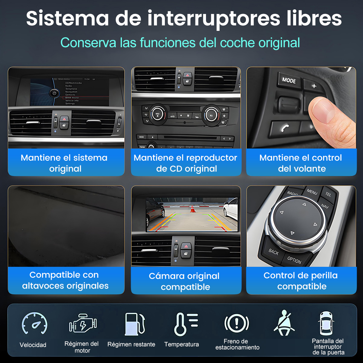 Infografía que muestra seis funciones de coche e iconos.