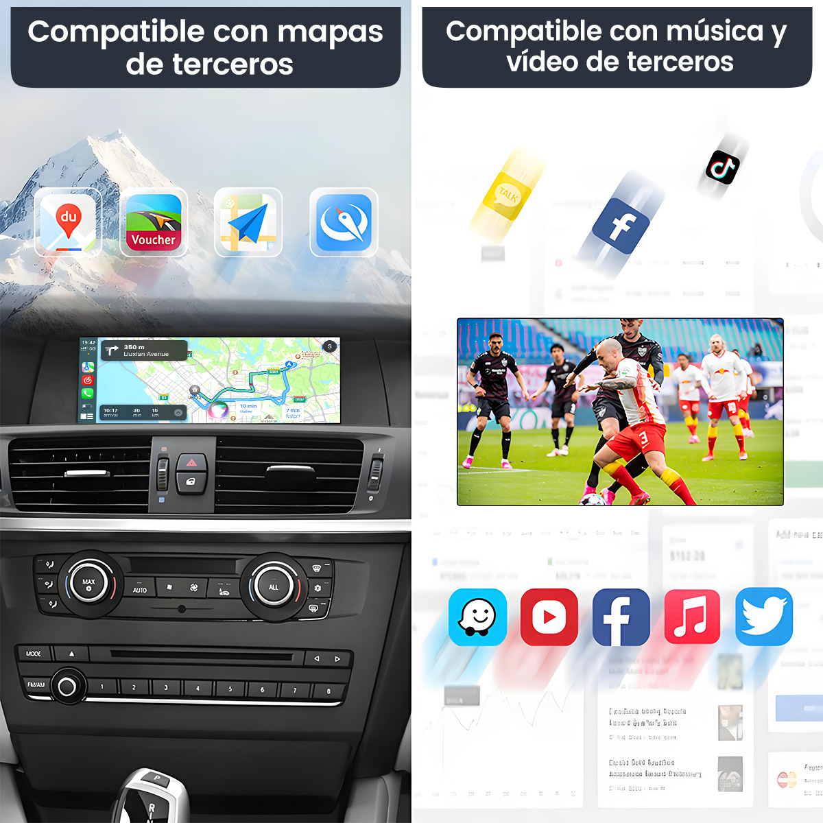 Imagen muestra sistema de infoentretenimiento del coche con apps.