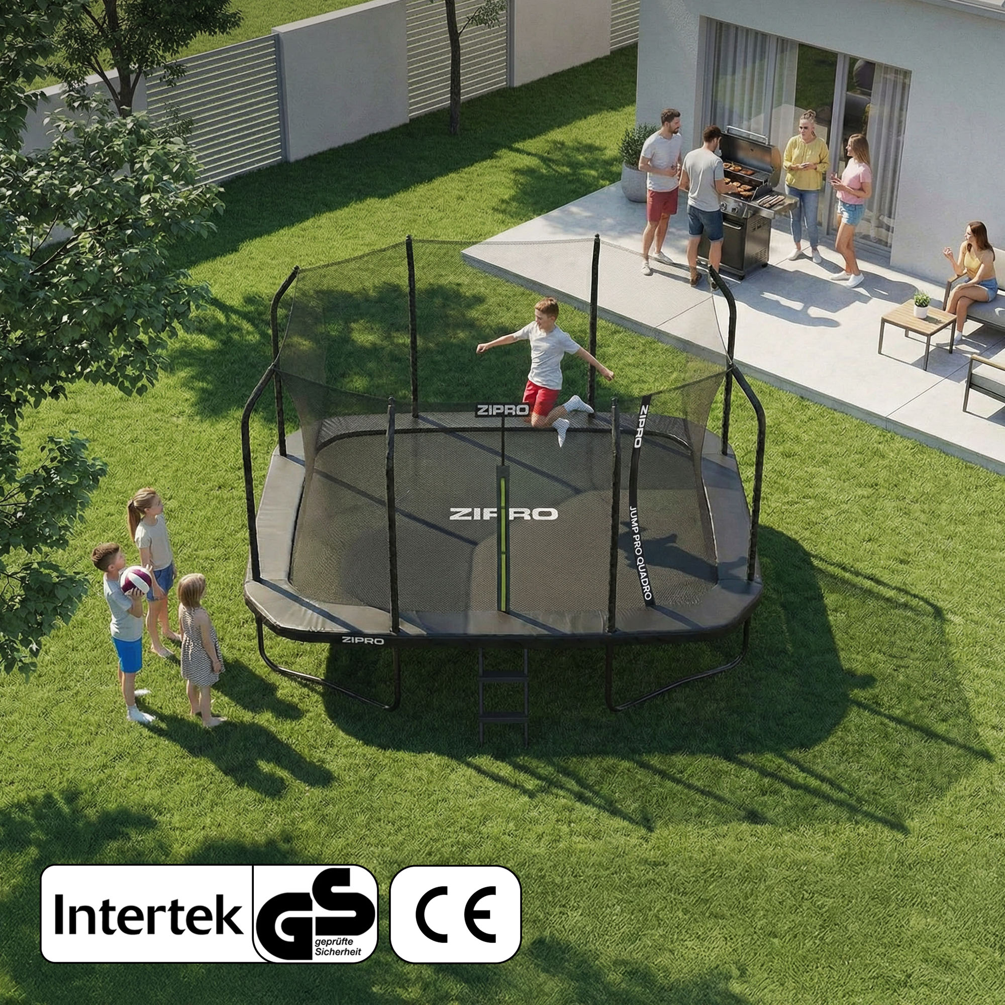 Kinder und Erwachsene genießen einen sonnigen Tag auf einem Trampolin und grillen.