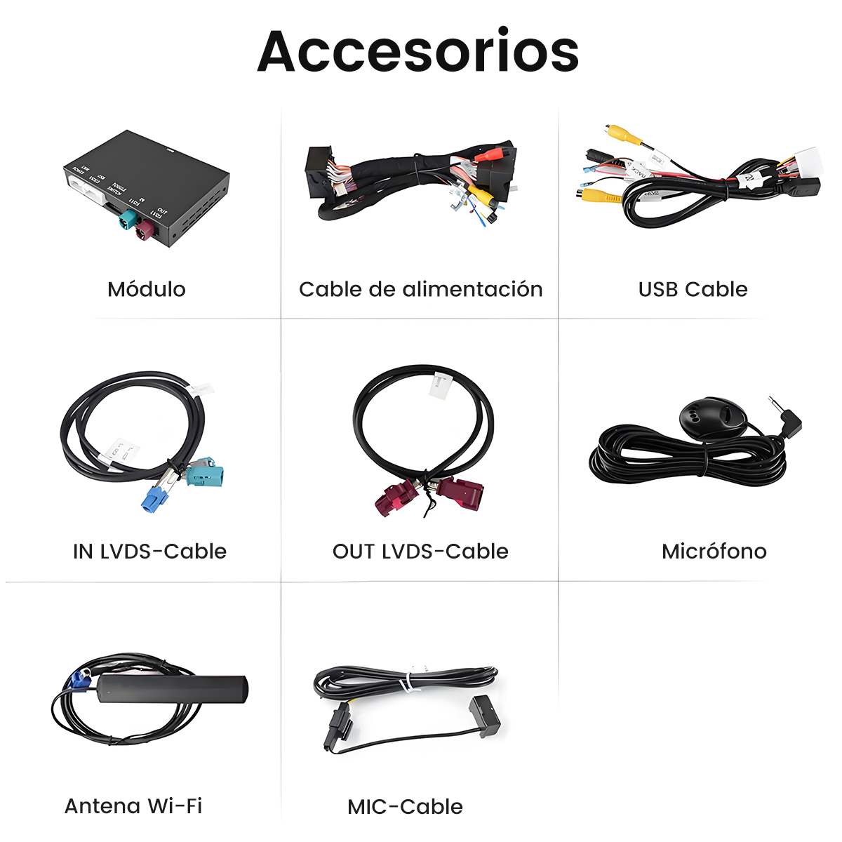 Nueve accesorios de coche: módulo, cable de alimentación, USB, cables LVDS, micrófono, antena, cable MIC.