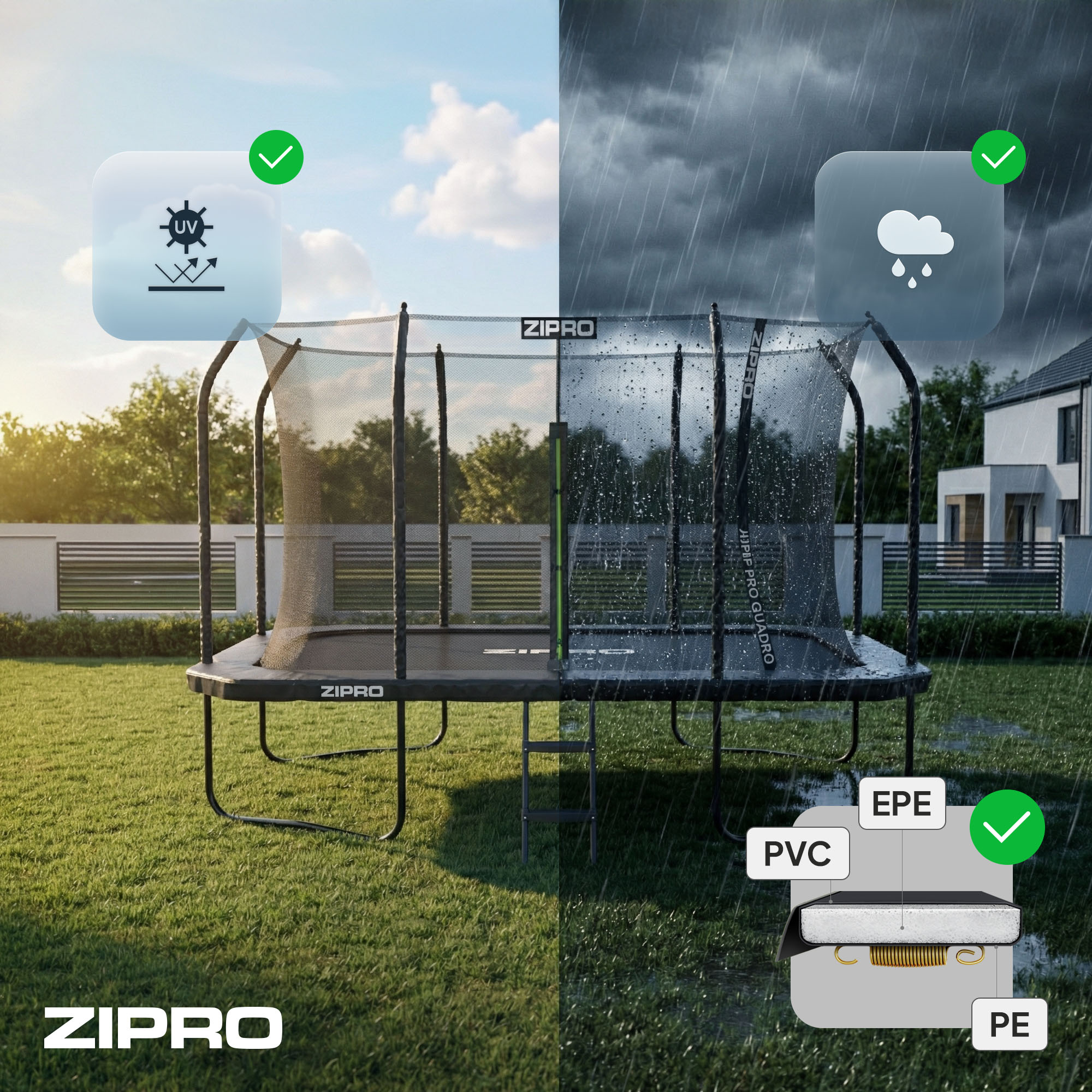 Trampolin bei Sonne und Regen, mit Materialdetails.
