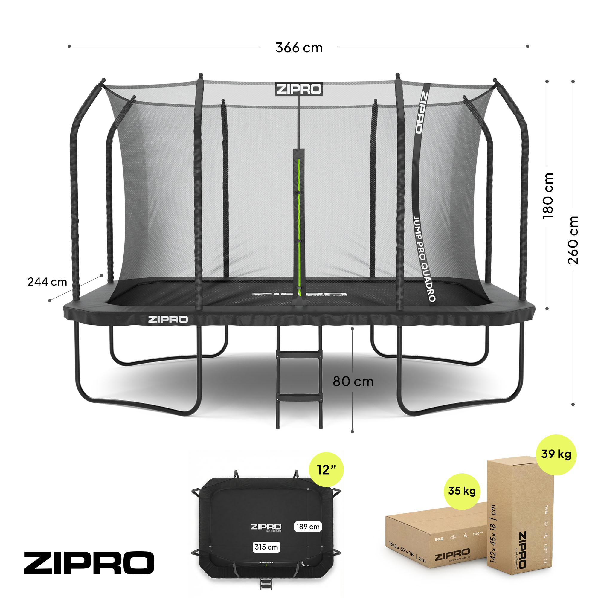Ein rechteckiges Trampolin mit Netz, Leiter und Maßangaben.